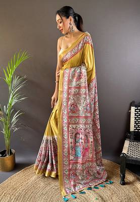 Gold tussar silk blend madhubani printed saree with zari woven border 1