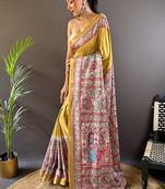 Gold tussar silk blend madhubani printed saree with zari woven border