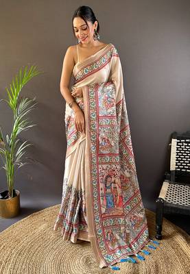 Cream Tussar Silk Kalamkari Printed Saree 1
