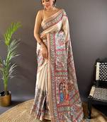 Cream Tussar Silk Kalamkari Printed Saree