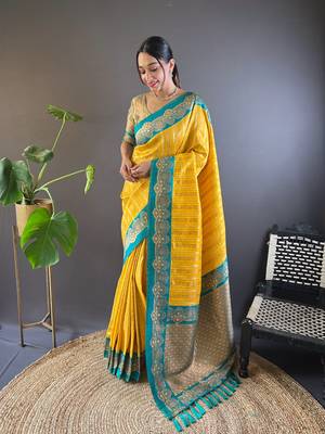 Yellow contrast zari woven silk saree with satin unique border 1