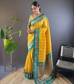 Yellow contrast zari woven silk saree with satin unique border