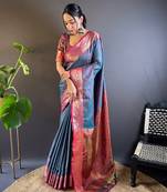 Blue soft kashmiri silk zari woven contrast saree