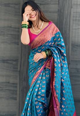 Denim soft silk peacock weaves zari woven saree 1