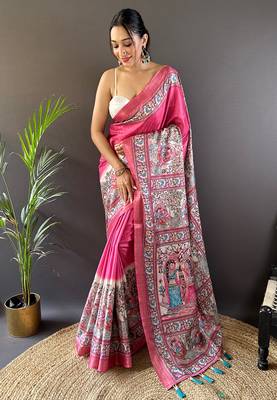 Pink tussar silk madhubani printed saree with zari woven border 1