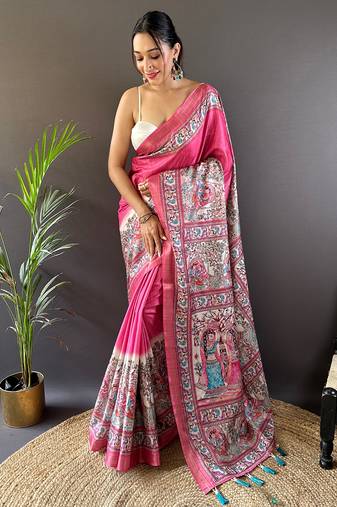 Pink tussar silk madhubani printed saree with zari woven border