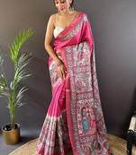Pink tussar silk madhubani printed saree with zari woven border