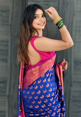 Navy blue soft silk peacock weaves zari woven saree 1