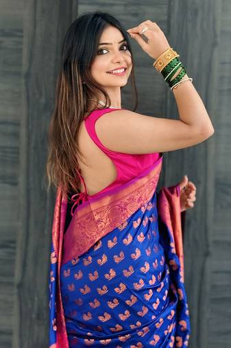 Navy blue soft silk peacock weaves zari woven saree