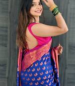 Navy blue soft silk peacock weaves zari woven saree