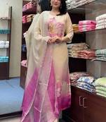 Cream & rani pink taby silk printed with hand work kurta pant set
