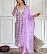 Lavender french crepe heavy thread embroidery work kurta pant set
