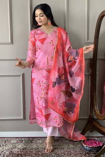 Pink viscose chanderi printed with thread embroidery work on neck kurta pant set