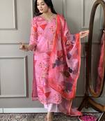 Pink viscose chanderi printed with thread embroidery work on neck kurta pant set
