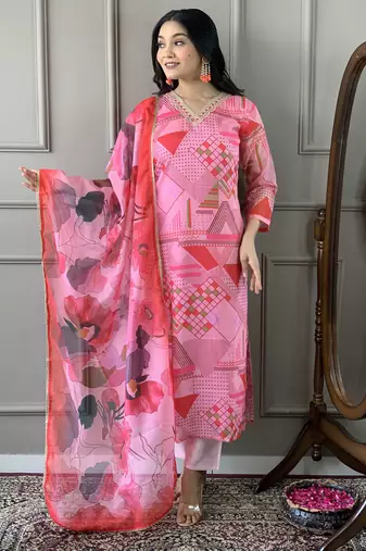 Pink viscose chanderi printed with thread embroidery work on neck kurta pant set
