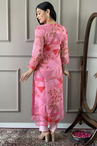 Pink viscose chanderi printed with thread embroidery work on neck kurta pant set