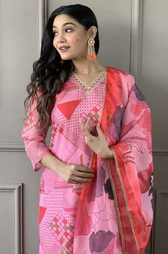 Pink viscose chanderi printed with thread embroidery work on neck kurta pant set