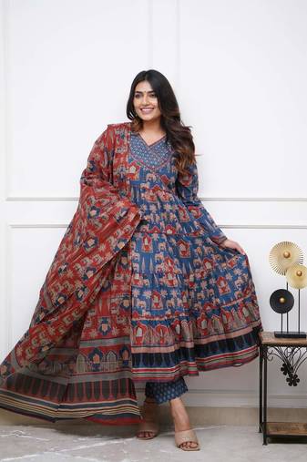 Blue cotton printed with thread embroidery work kurta pant set