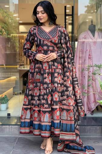 Black cotton printed with thread embroidery work kurta pant set
