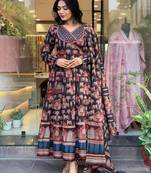 Black cotton printed with thread embroidery work kurta pant set