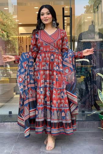 Red cotton printed with thread embroidery work kurta pant set
