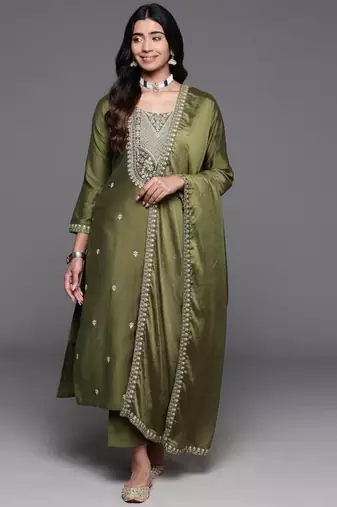 Mehendi viscose chanderi heavy thread embroidery work kurta pant set