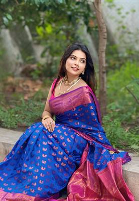 Violet soft silk peacock weaves zari woven saree 1