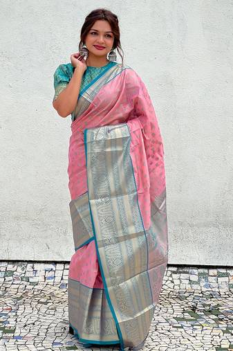 Pink kanjivaram tissue silk traditional zari woven saree
