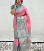 Pink kanjivaram tissue silk traditional zari woven saree