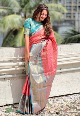 Peach kanjivaram tissue silk traditional zari woven saree 1