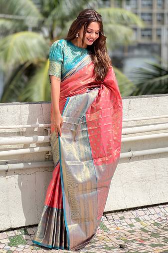 Peach kanjivaram tissue silk traditional zari woven saree
