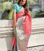 Peach kanjivaram tissue silk traditional zari woven saree
