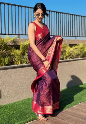 Violet soft kashmiri silk zari woven contrast saree 1