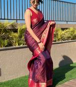 Violet soft kashmiri silk zari woven contrast saree