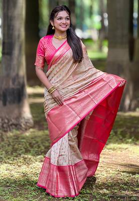Chickoo kanjivaram tissue silk traditional zari woven saree 1