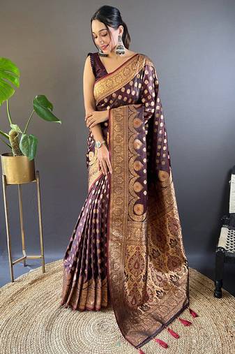 Dark maroon banarasi katan silk zari woven saree