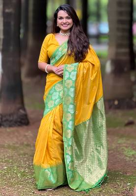 Yellow soft silk floral border contrast zari woven saree 1