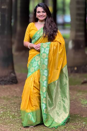 Yellow soft silk floral border contrast zari woven saree