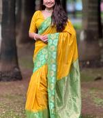Yellow soft silk floral border contrast zari woven saree