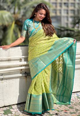 Pista kanjivaram tissue silk traditional zari woven saree 1