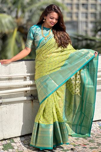 Pista kanjivaram tissue silk traditional zari woven saree