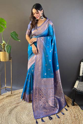 Blue with lavender soft silk floral border contrast zari woven saree