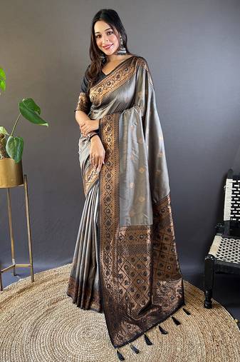 Grey soft silk floral border contrast zari woven saree