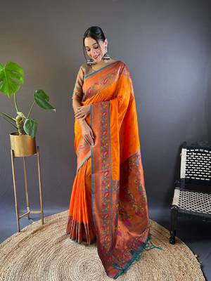 Orange original maharashtrian meenakari yeola paithani silk zari woven saree 1
