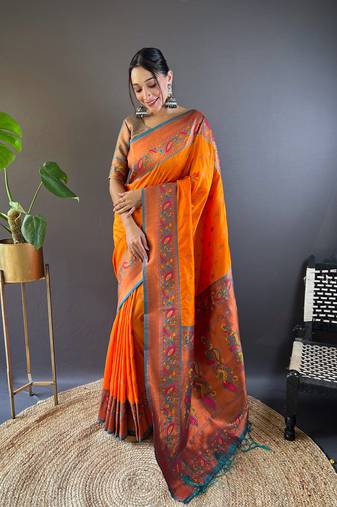 Orange original maharashtrian meenakari yeola paithani silk zari woven saree