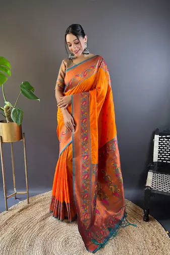 Orange original maharashtrian meenakari yeola paithani silk zari woven saree