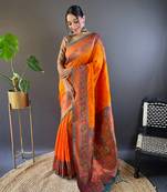 Orange original maharashtrian meenakari yeola paithani silk zari woven saree