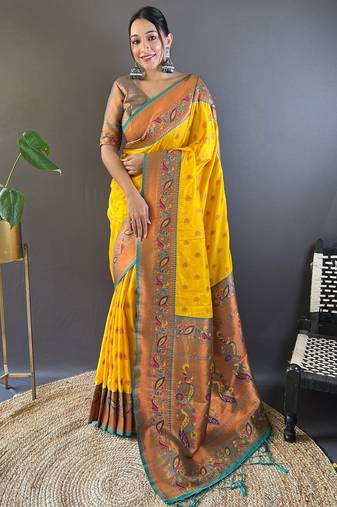Yellow original maharashtrian meenakari yeola paithani silk zari woven saree