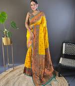 Yellow original maharashtrian meenakari yeola paithani silk zari woven saree