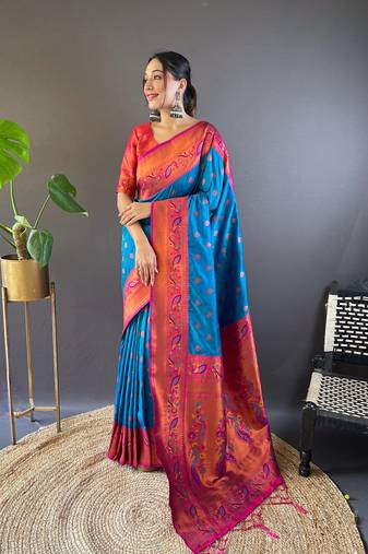 Blue original maharashtrian meenakari yeola paithani silk zari woven saree